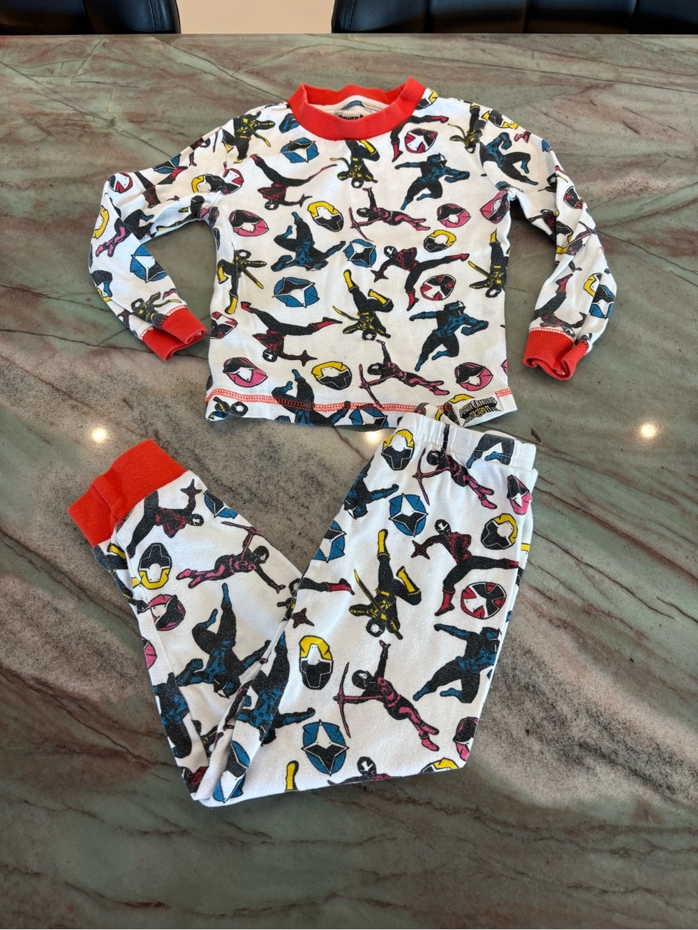 Power Ranger White Pajama Set with Red Trim and Multicolor Print